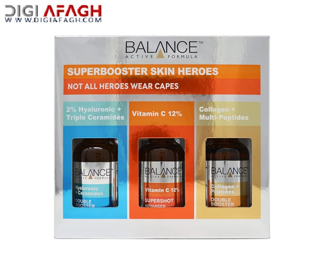 پک پوستی سه عددی مدل سوپر بوستر SUPER BOOSTER هیالورونیک اسید، ویتامین سی، گلد کلاژن محصول بالانس BALANCE